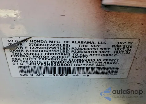 2013 Honda Pilot Touring from USA, damaged, VIN 5FNYF3H93DB007182